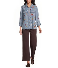 John Mark Woven Embroidered Floral And Butterfly Spread Collar Long Sleeve Blouse