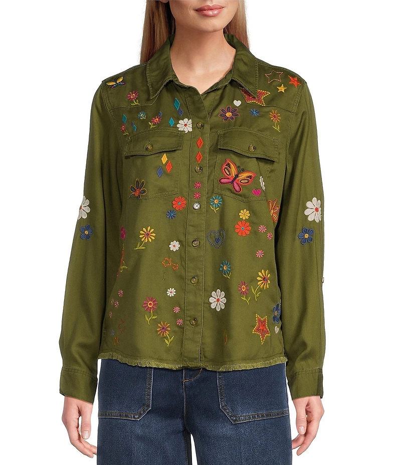 John Mark Woven Embroidered Floral And Butterfly Spread Collar Long Sleeve Blouse