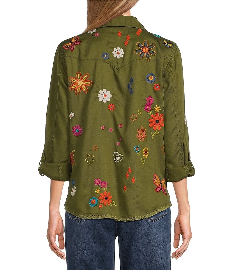 John Mark Woven Embroidered Floral And Butterfly Spread Collar Long Sleeve Blouse