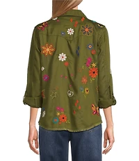 John Mark Woven Embroidered Floral And Butterfly Spread Collar Long Sleeve Blouse