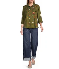 John Mark Woven Embroidered Floral And Butterfly Spread Collar Long Sleeve Blouse
