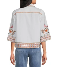 John Mark Woven Embroidered Floral Point Collar Short Sleeve Button Front Shirt