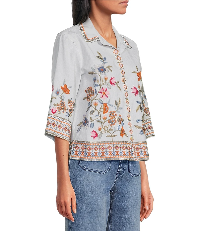 John Mark Woven Embroidered Floral Point Collar Short Sleeve Button Front Shirt
