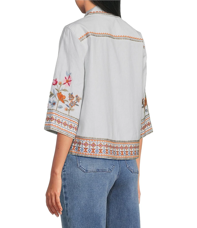 John Mark Woven Embroidered Floral Point Collar Short Sleeve Button Front Shirt