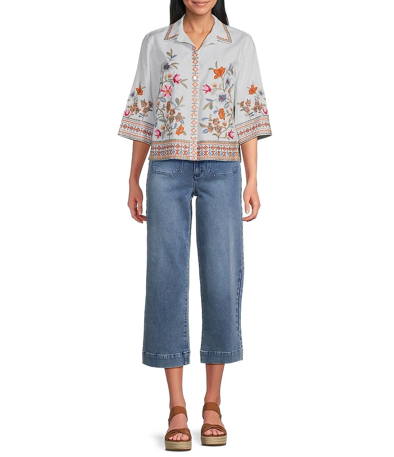 John Mark Woven Embroidered Floral Point Collar Short Sleeve Button Front Shirt