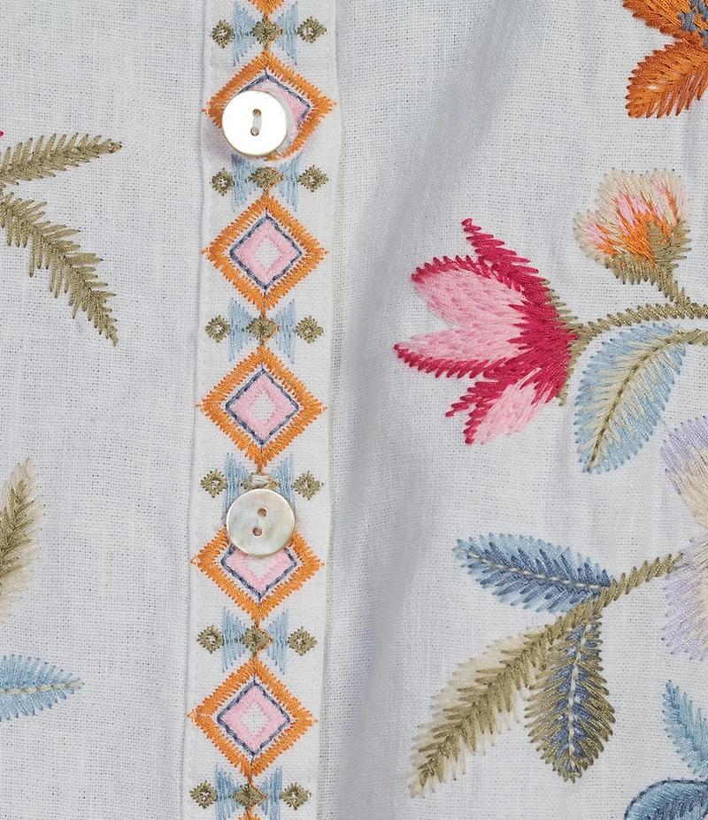 John Mark Woven Embroidered Floral Point Collar Short Sleeve Button Front Shirt
