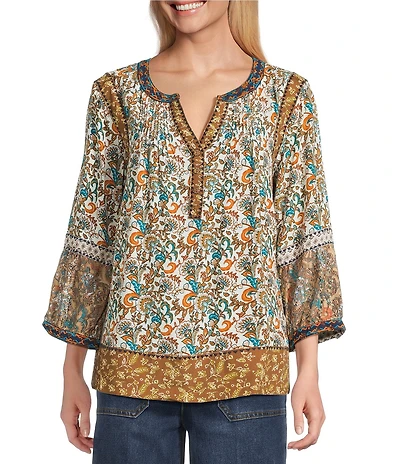 John Mark Woven Embroidered Lace Mix Floral Print Split Round Neck 3/4 Sleeve Tunic