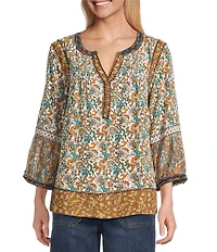 John Mark Woven Embroidered Lace Mix Floral Print Split Round Neck 3/4 Sleeve Tunic