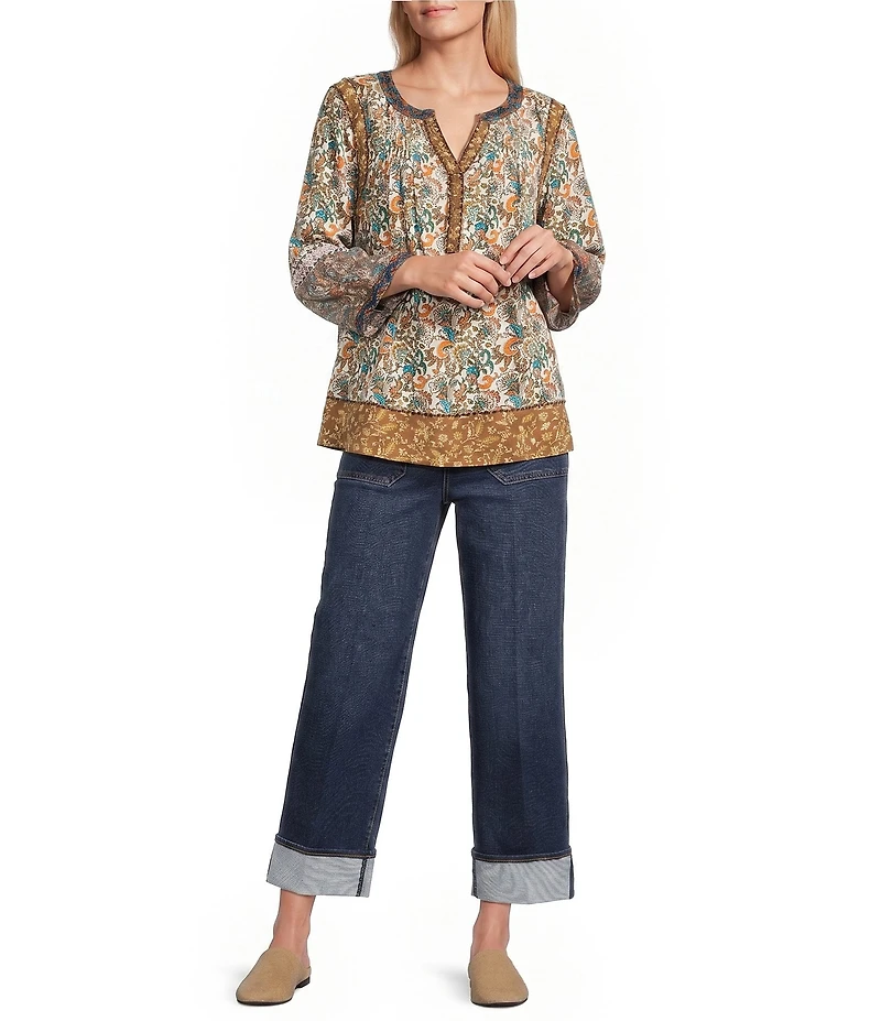 John Mark Woven Embroidered Lace Mix Floral Print Split Round Neck 3/4 Sleeve Tunic