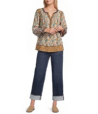 John Mark Woven Embroidered Lace Mix Floral Print Split Round Neck 3/4 Sleeve Tunic