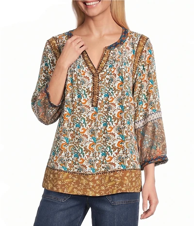 John Mark Woven Embroidered Lace Mix Floral Print Split Round Neck 3/4 Sleeve Tunic