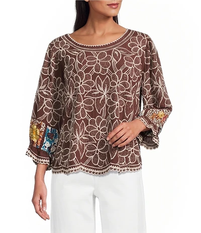 John Mark Woven Embroidered Mix Print Scoop Neck 3/4 Sleeve Top