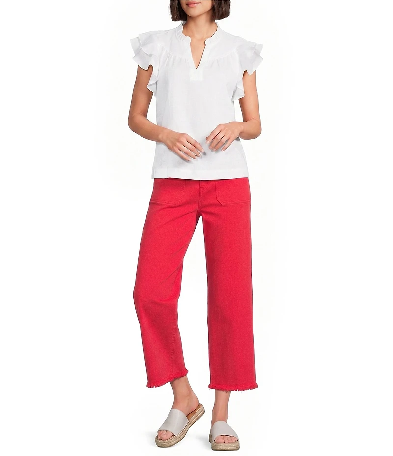 John Mark Woven Embroidered Patch Pocket Frayed Wide Leg Jeans