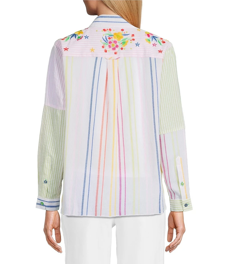 John Mark Woven Embroidered Striped Patchwork Point Collar Roll-Tab Long Sleeve Button Front Shirt
