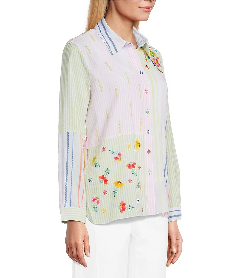 John Mark Woven Embroidered Striped Patchwork Point Collar Roll-Tab Long Sleeve Button Front Shirt