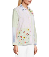 John Mark Woven Embroidered Striped Patchwork Point Collar Roll-Tab Long Sleeve Button Front Shirt
