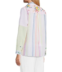 John Mark Woven Embroidered Striped Patchwork Point Collar Roll-Tab Long Sleeve Button Front Shirt