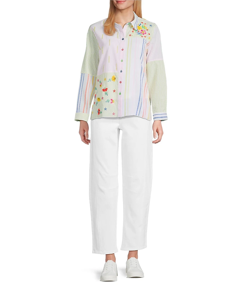 John Mark Woven Embroidered Striped Patchwork Point Collar Roll-Tab Long Sleeve Button Front Shirt