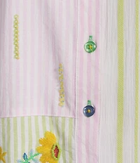 John Mark Woven Embroidered Striped Patchwork Point Collar Roll-Tab Long Sleeve Button Front Shirt