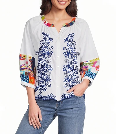 John Mark Woven Floarl Paisley Print Crew Neck 3/4 Blouson Sleeve Scalloped Hemmed Button Front Shirt