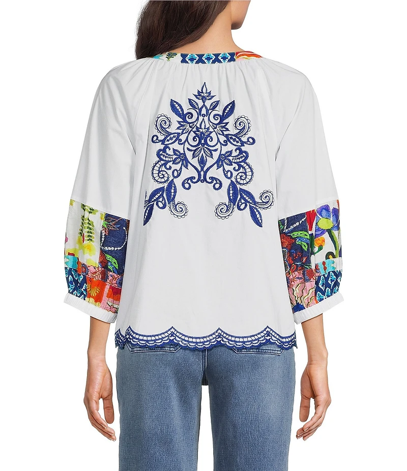 John Mark Woven Floarl Paisley Print Crew Neck 3/4 Blouson Sleeve Scalloped Hemmed Button Front Shirt