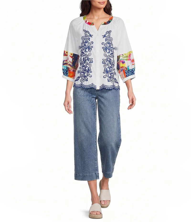 John Mark Woven Floarl Paisley Print Crew Neck 3/4 Blouson Sleeve Scalloped Hemmed Button Front Shirt