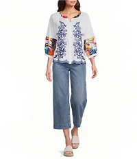 John Mark Woven Floarl Paisley Print Crew Neck 3/4 Blouson Sleeve Scalloped Hemmed Button Front Shirt