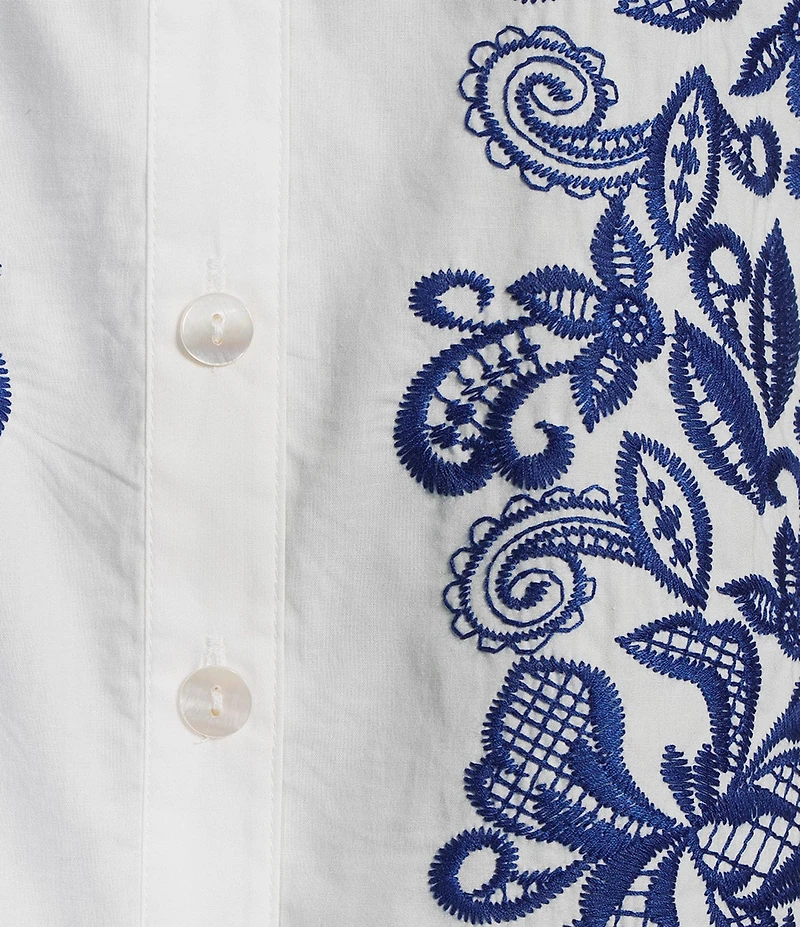 John Mark Woven Floarl Paisley Print Crew Neck 3/4 Blouson Sleeve Scalloped Hemmed Button Front Shirt