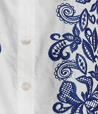 John Mark Woven Floarl Paisley Print Crew Neck 3/4 Blouson Sleeve Scalloped Hemmed Button Front Shirt