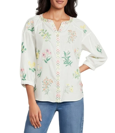 John Mark Woven Floral Embroider Y-Neck 3/4 Blouson Sleeve Top
