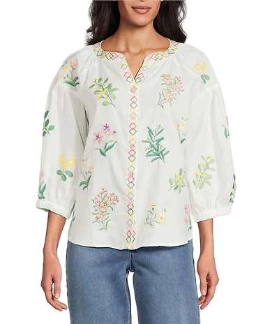John Mark Woven Floral Embroider Y-Neck 3/4 Blouson Sleeve Top