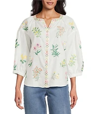 John Mark Woven Floral Embroider Y-Neck 3/4 Blouson Sleeve Top