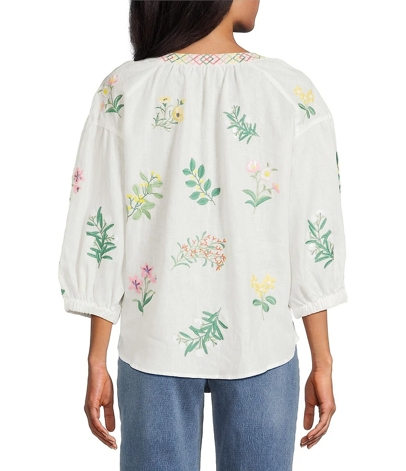 John Mark Woven Floral Embroider Y-Neck 3/4 Blouson Sleeve Top