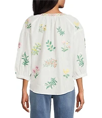 John Mark Woven Floral Embroider Y-Neck 3/4 Blouson Sleeve Top