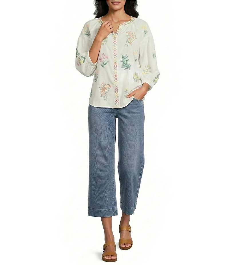 John Mark Woven Floral Embroider Y-Neck 3/4 Blouson Sleeve Top