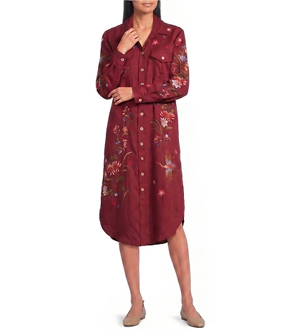 John Mark Woven Floral Embroidered Point Collar Long Shirt Dress