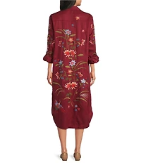 John Mark Woven Floral Embroidered Point Collar Long Shirt Dress