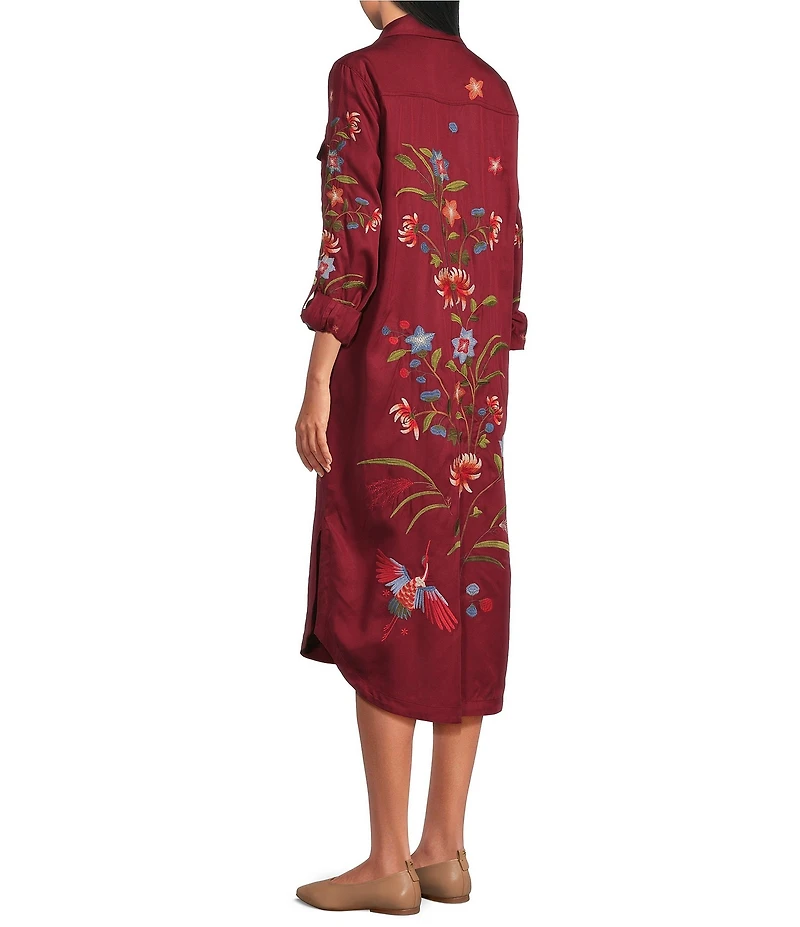 John Mark Woven Floral Embroidered Point Collar Long Shirt Dress