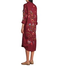 John Mark Woven Floral Embroidered Point Collar Long Shirt Dress