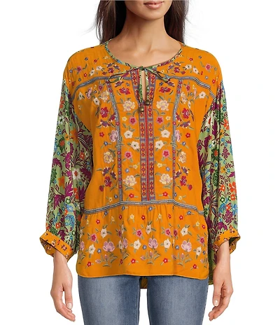 John Mark Woven Floral Embroidered Split Neck Tie Front 3/4 Sleeve Tunic
