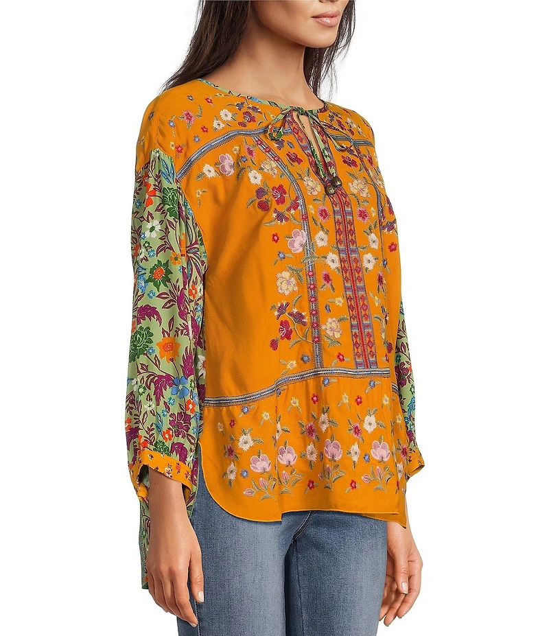 John Mark Woven Floral Embroidered Split Neck Tie Front 3/4 Sleeve Tunic