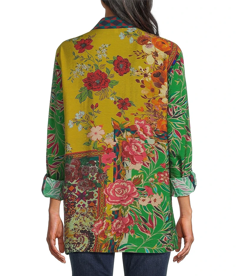 John Mark Woven Floral Multi Print Point Collar Long Sleeve Button Front Top