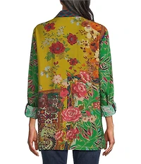 John Mark Woven Floral Multi Print Point Collar Long Sleeve Button Front Top