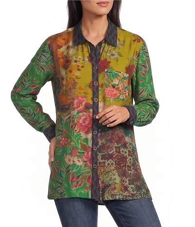 John Mark Woven Floral Multi Print Point Collar Long Sleeve Button Front Top