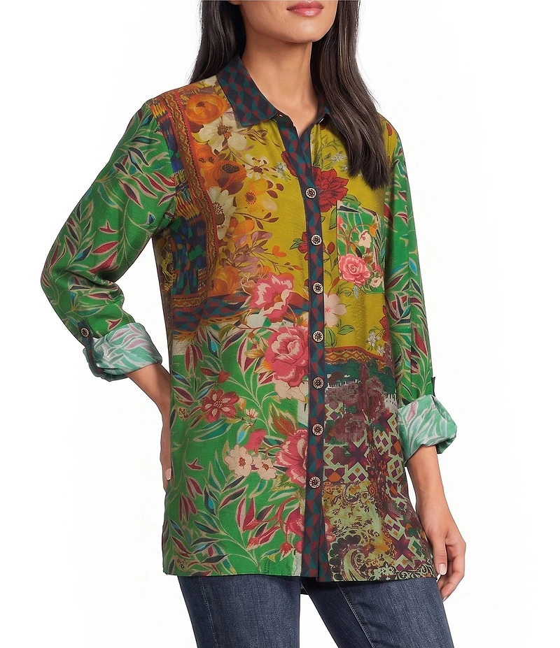 John Mark Woven Floral Multi Print Point Collar Long Sleeve Button Front Top