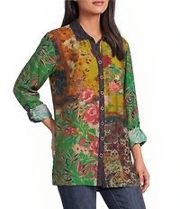 John Mark Woven Floral Multi Print Point Collar Long Sleeve Button Front Top