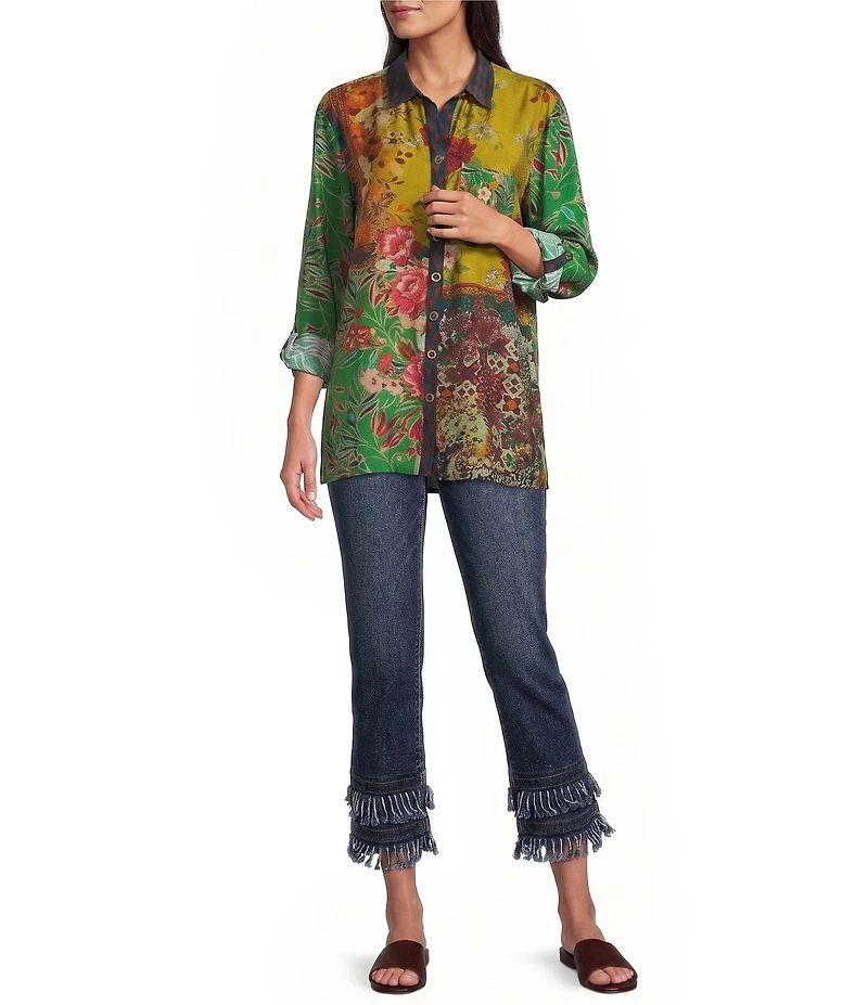 John Mark Woven Floral Multi Print Point Collar Long Sleeve Button Front Top