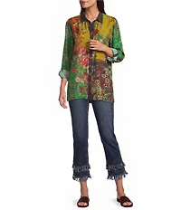 John Mark Woven Floral Multi Print Point Collar Long Sleeve Button Front Top