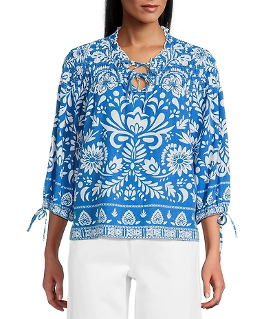 John Mark Woven Floral Point Collar Smocked Yoke Long Cinched Sleeve Button-Front Shirt