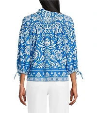 John Mark Woven Floral Point Collar Smocked Yoke Long Cinched Sleeve Button-Front Shirt